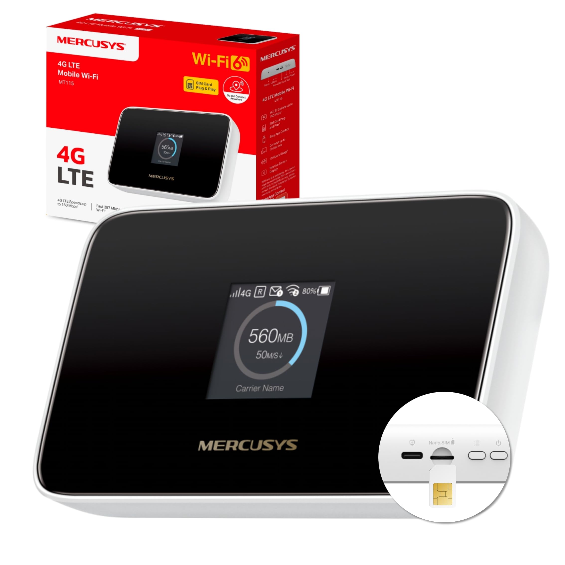 Mercusys MT115 Mobiler WLAN Router, tragbares WLAN für unterwegs mit SIM-Karte ohne Vertragsbindung, 4G LTE 150 Mbps, Wi-Fi 6 AX300, bis zu 10 Geräte, 2400 mAh Akku, bis zu 10 Stunden Laufzeit