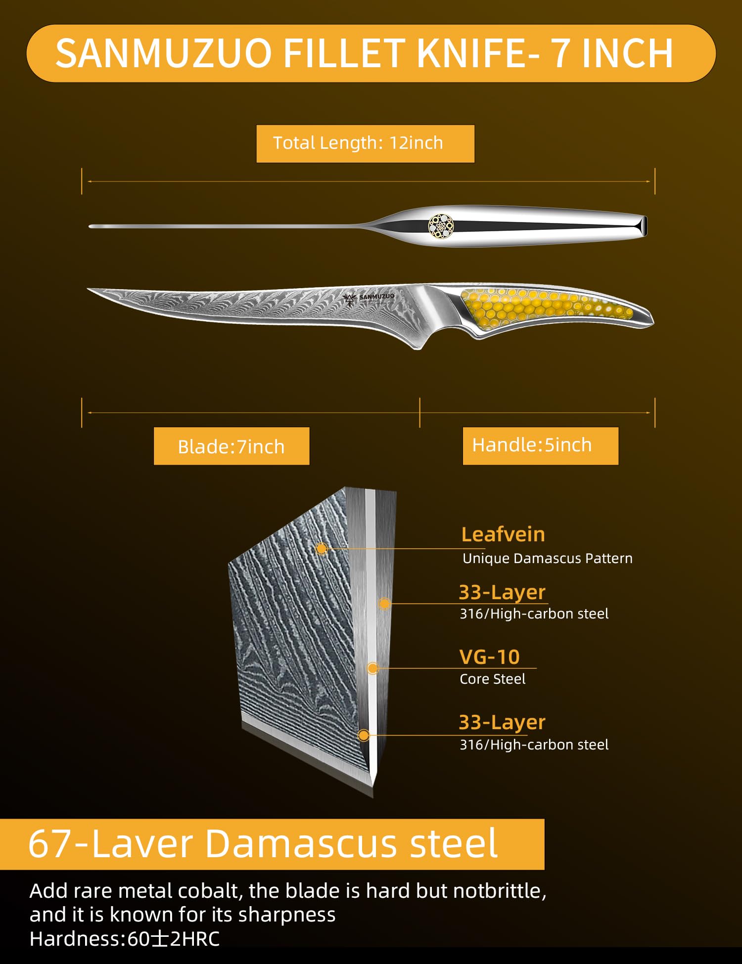 18 CM Nóż do filetowania, japoński nóż kuchenny do ryb ze stali damasceńskiej VG-10, niezwykle ostry nóż do filetowania z rękojeścią Full-tang w kolorze żółtą żywicy, seria LA-S9