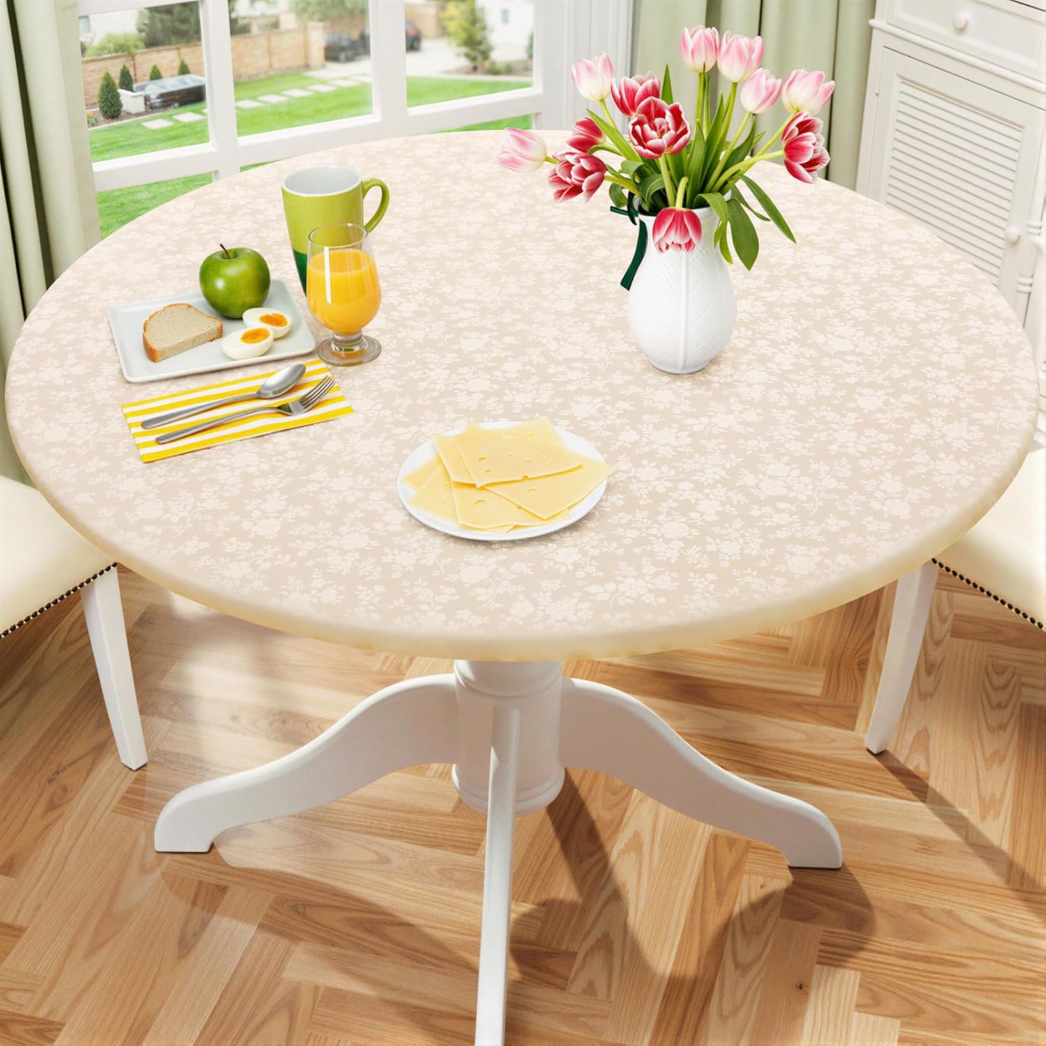 Smiry Round Picnic Tablecloth, Elastic Waterproof Fitted Heavy Duty Vinyl Tablecloths for 57"-68" Tables, Wipeable Washable Table Cover for Kitchen, Dining, Camping, Outdoor, Taupe