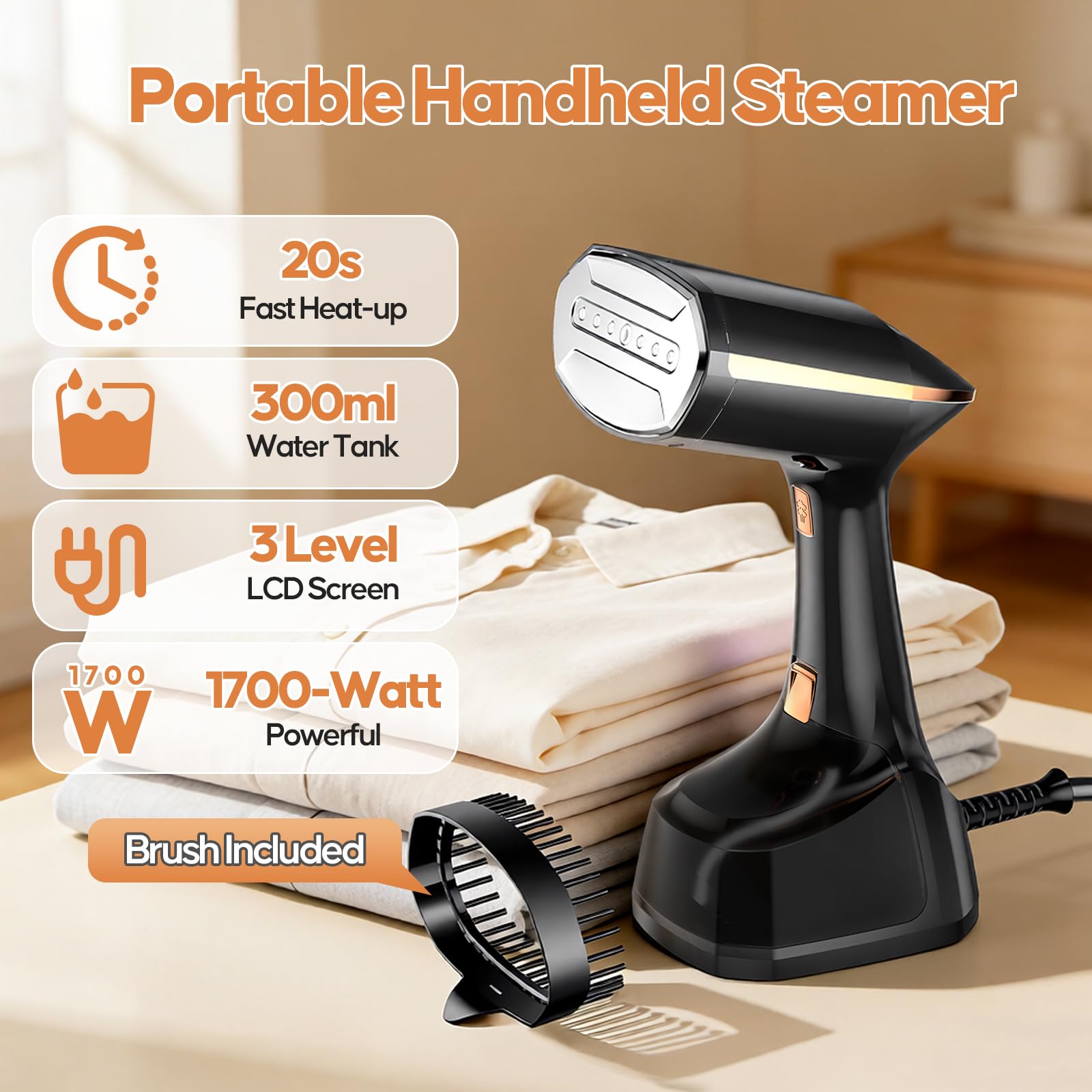 PKBD Fer à repasser à vapeur de voyage,élimine les rides,réservoir d'eau amovible de 320ml et écran LED 3 vitesses, vaporisateur à main pour vêtements 1800w,idéal pour les voyages,maison,Bureau.noir