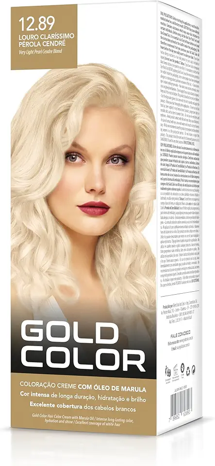 Coloração Capilar Gold Color 12.89 Louro Claríssimo Pérola Cendre- Vegana com Óleo de Marula, Brilho Intenso e Cobertura dos Cabelos Brancos