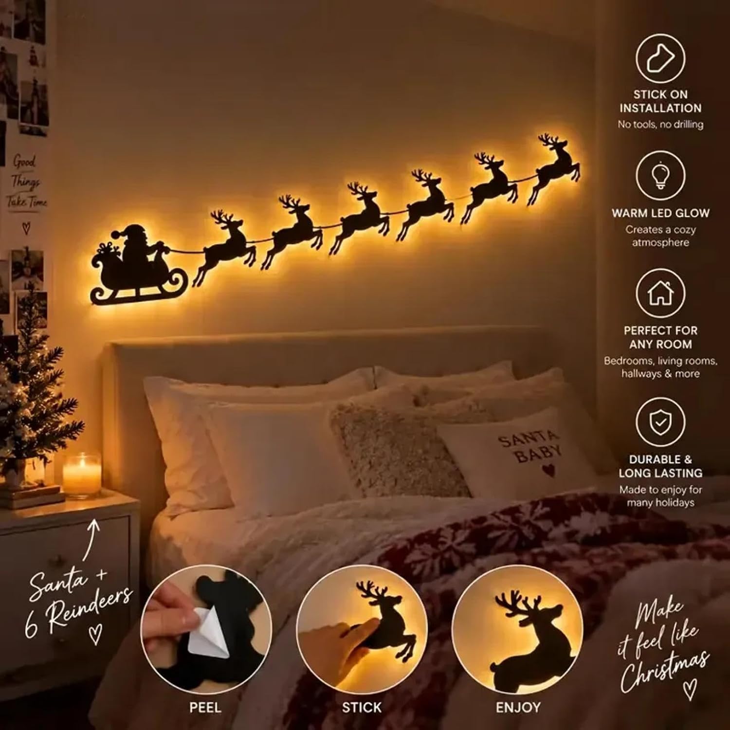 Illuminated Wooden Reindeer Sleigh Wall Decor Light, Remote‑Controlled Light‑Up Santa Sleigh Silhouette Wall Art with Village Tree Scene, Warm LED Christmas Wall Hanging for Home Display，Type A image 2