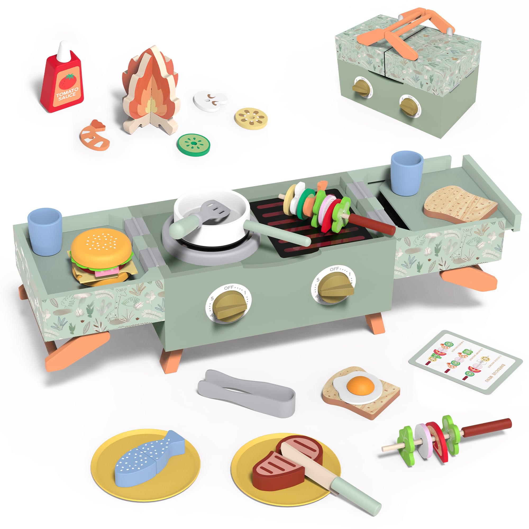 Wooden Kids Grill Playset, Barbecue Kitchen Toy Set for Kid Cooking, BBQ Grill Play Set with Sound Simulation Outdoor Camping Cooking Toys Birthday Gift for Boys Girls