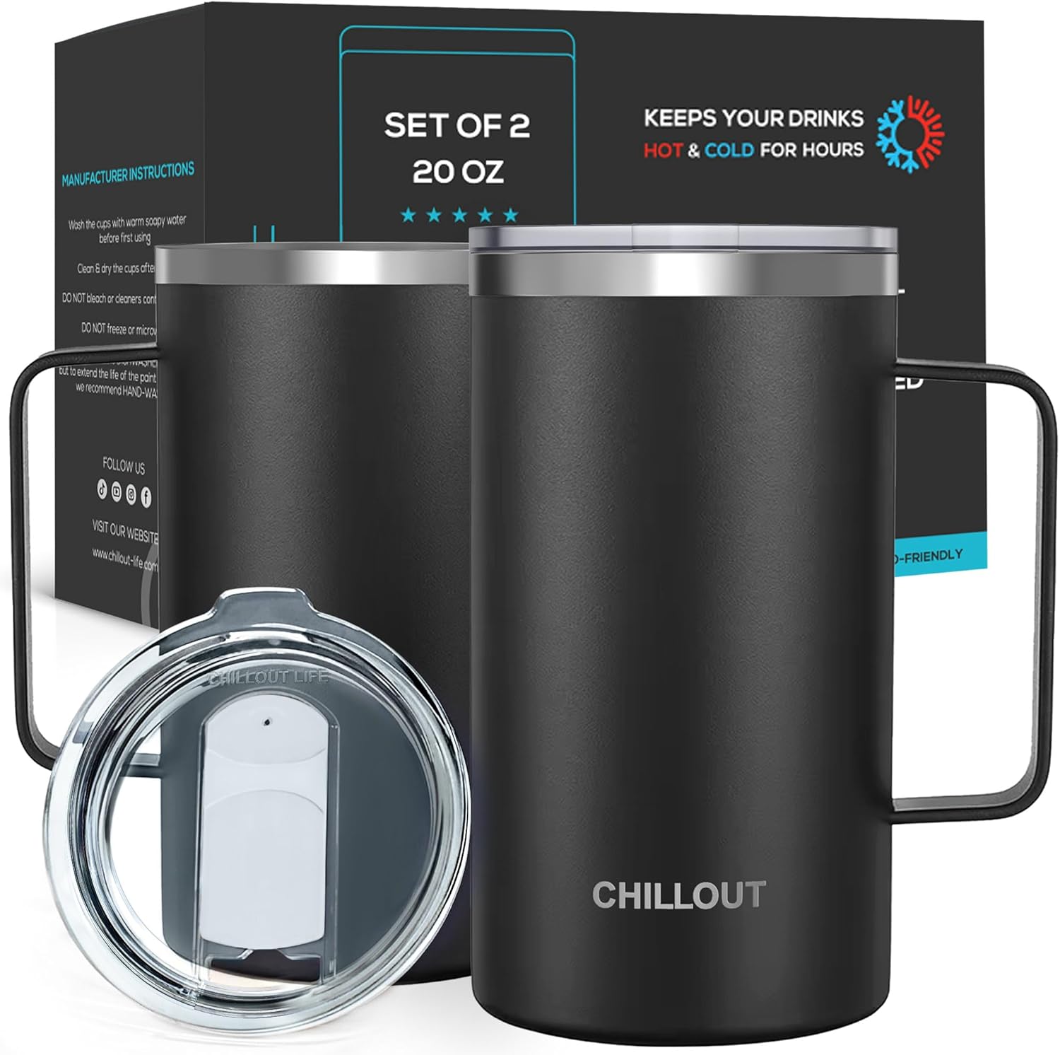 CHILLOUT LIFE Stainless Steel Vacuum Insulated Coffee Mug 20 oz (Set of 2) with Handle and Lid, Large Thermal Camping Coffee Mugs with Sliding Lid for Men & Women, Keeps Your Beverages Hot & Cold