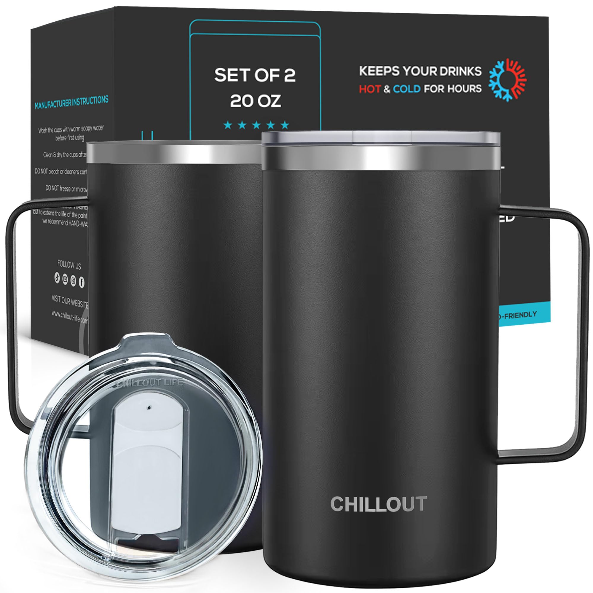 CHILLOUT LIFE Stainless Steel Vacuum Insulated Coffee Mug 20 oz (Set of 2) with Handle and Lid, Large Thermal Camping Coffee Mugs with Sliding Lid for