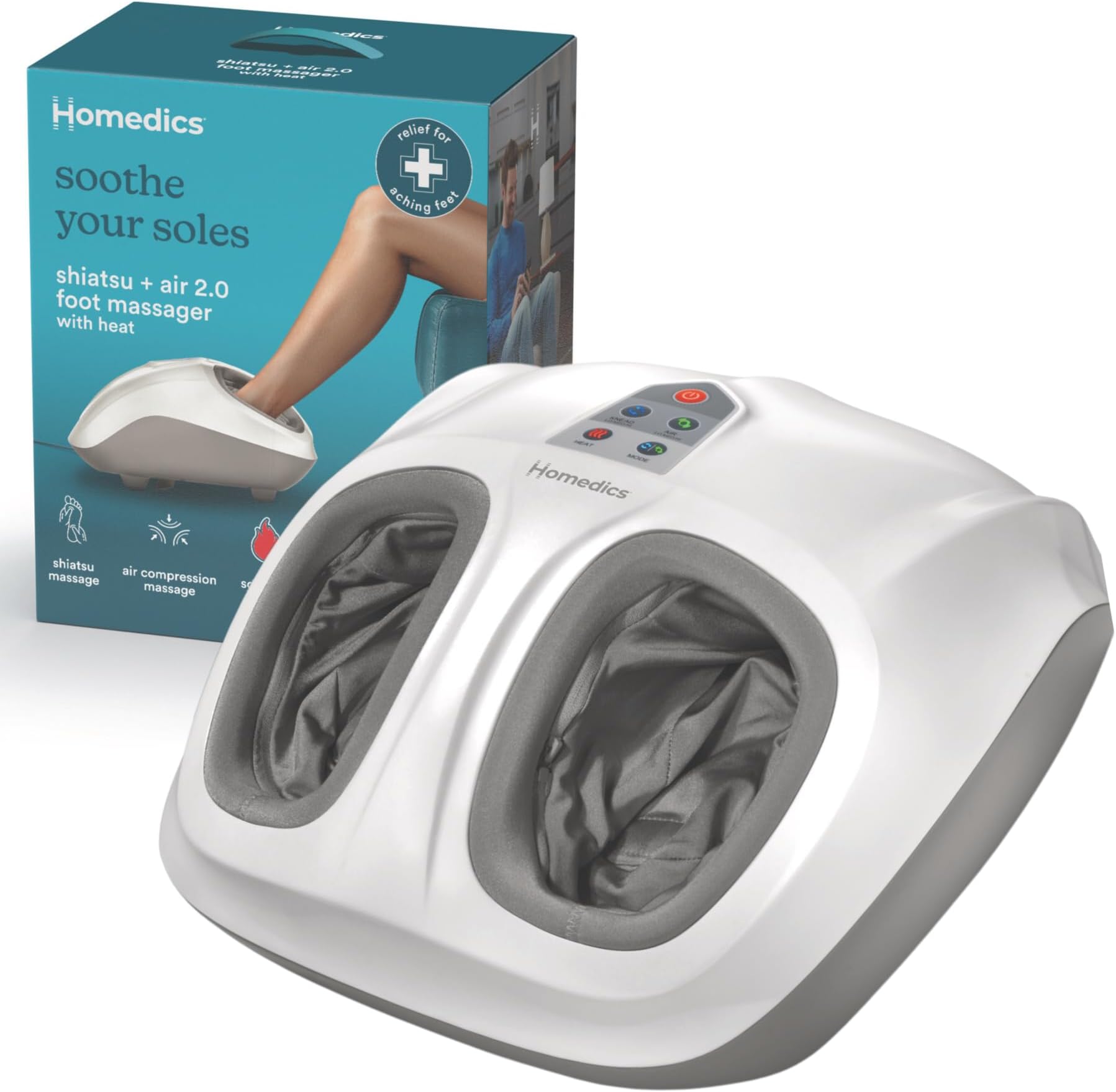 Shiatsu Air 2.0 Foot Massager with Soothing Heat and Rhythmic Air Compression, 3 Customized Controls and Intensities, Washable Liner, At-Home Kneading Massage Relaxes Feet, 3 Speed Options