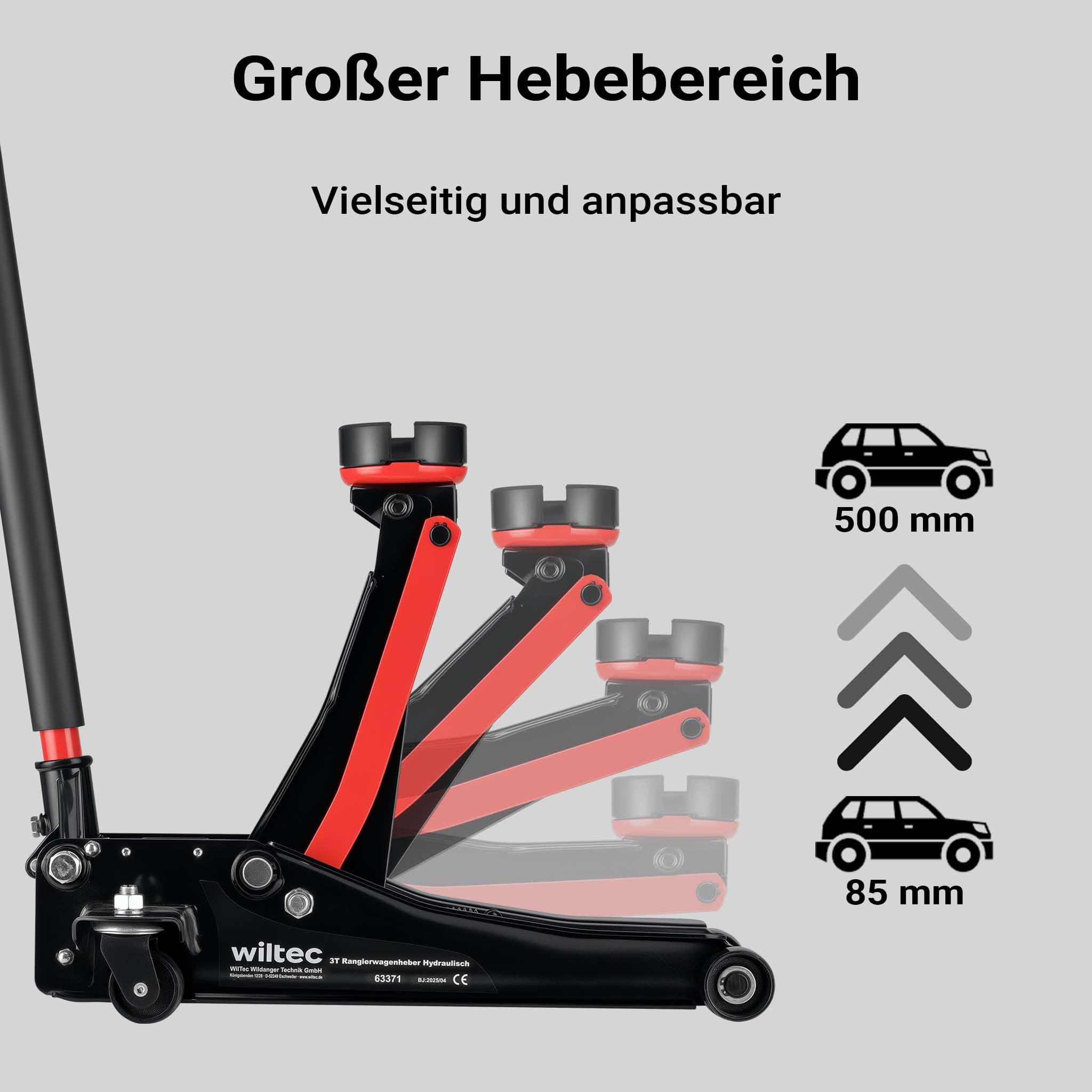 XPOtool Rangierwagenheber hydraulisch 3t, 85-500mm Hubhöhe, Fahrbarer Wagenheber, Autoheber mit Doppelkolben und Vier Rollen