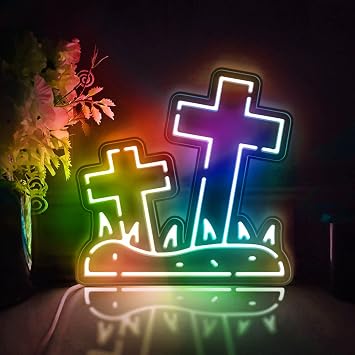 Cross and Tombstone Led Light Box, Cemetery Wall Art Decor, Neon-Like RGB Desktop Decorations, Bedroom Decor, Gift RGB & Color Flow Effect, Medium Size RGB & Color Flow Effect, Medium Size