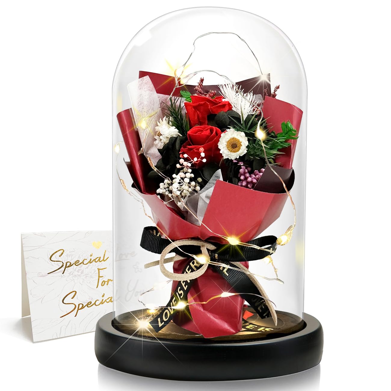 Geschenk für Frauen, Ewige Rose im Glas mit LED, Rote Rose Blumenstrauß, Dekoration für Zuhause, Langlebige Echte Blumen für Mama, Freundin, Ehefrau, Oma (Rot)