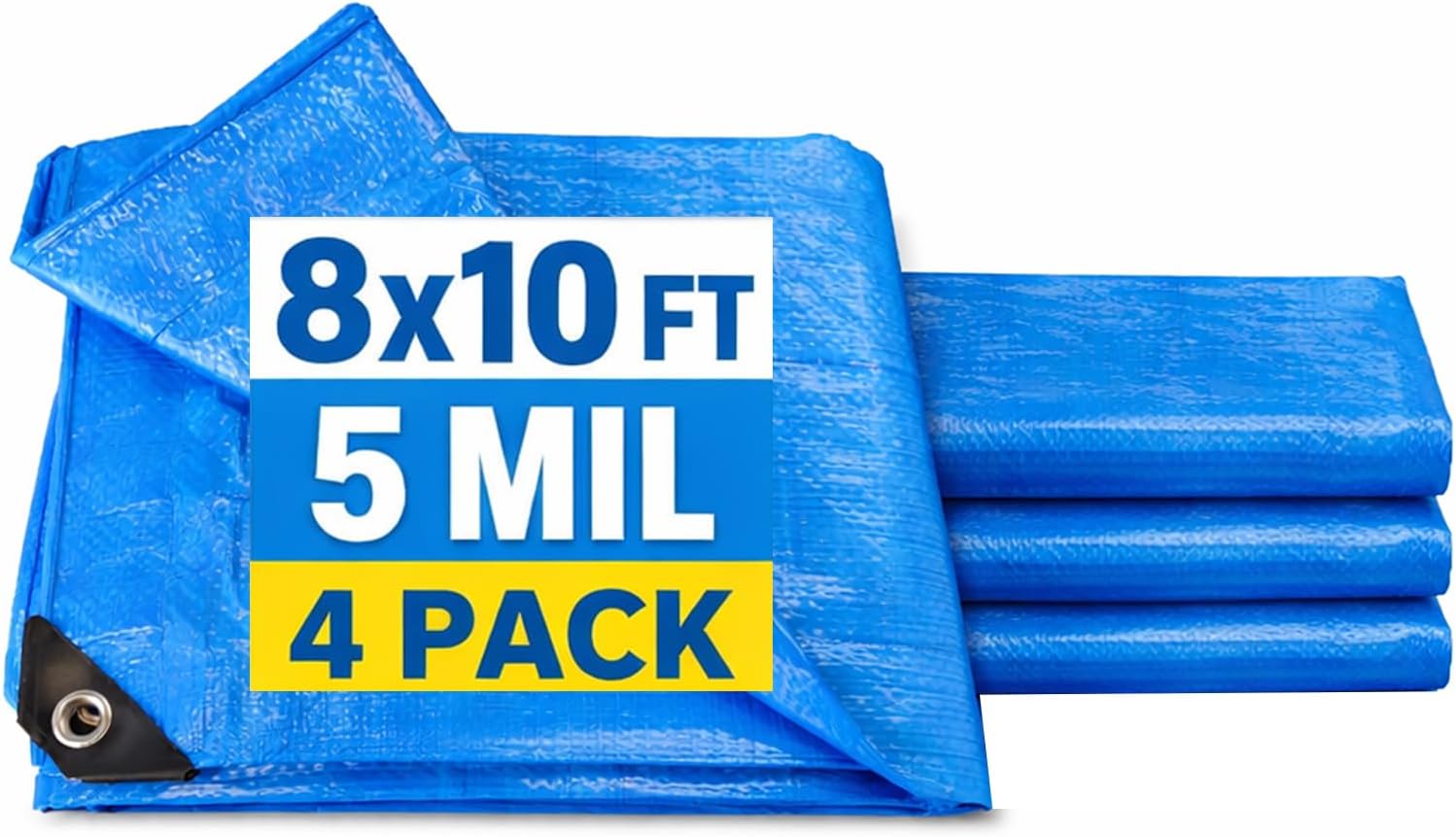 Blue Tarp 8x10 FT, 4 Pack Waterproof Tarps, 5 Mil Poly Tarpaulin, Reinforced Edges, Upgraded 20" Grommets, Multi-Purpose Cover for Camping, Roof, Yard, Budget Value Pack