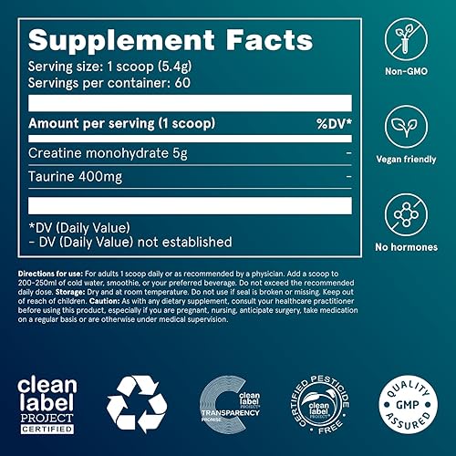 Miniatura 3 de Puori Monohidrato de creatina en polvo con taurina, creatina en polvo sin sabor, suplemento de preentrenamiento para hombres y mujeres, constructor