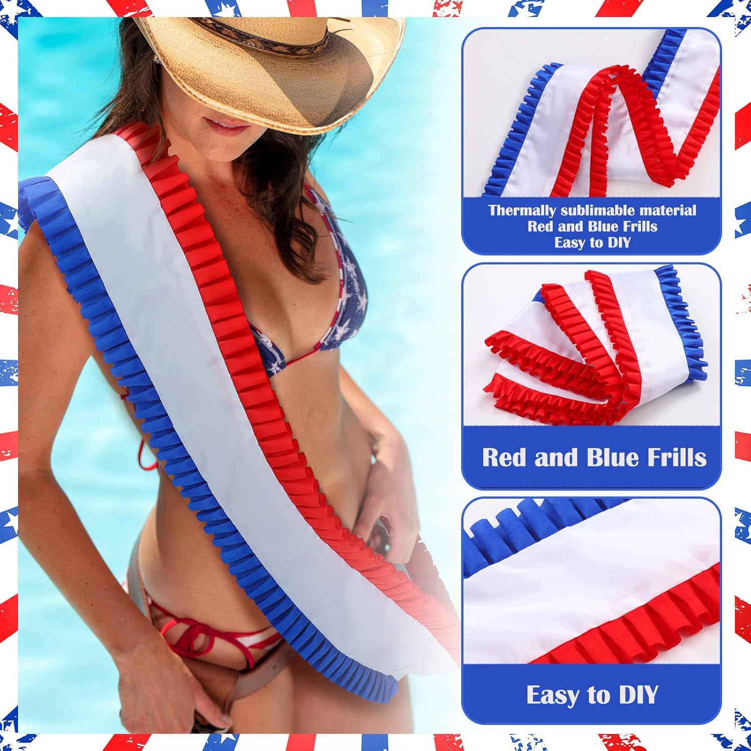 Newcotte 4 Pack Blank Cowboy Sash with Red White & Blue Frills, DIY Sublimation Custom Patriotic Sash for Women Pageant, Birthday, Citizenship, Patriotic Party, 4th of July & 250th Anniversary