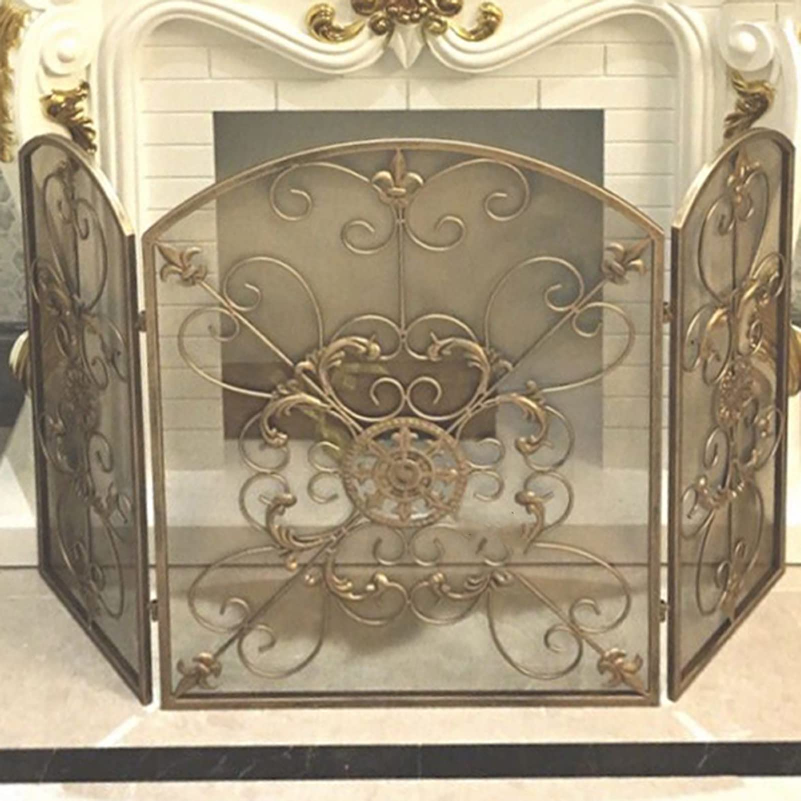 Paravento pieghevole a 3 pannelli con finitura rustica dorata, accessorio per focolare a legna e carbone per la decorazione domestica
