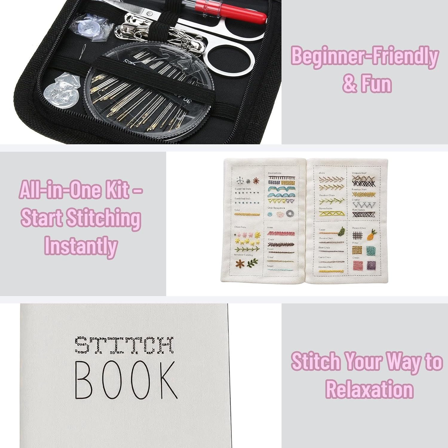 Embroidery Stitch Book, Embroidery Book on Linen Fabric, Comprehensive Guide with Various Patterns,Contains Multiple Sewing Tools, DIY Stitch Books Perfect for Beginners and Craft Lovers