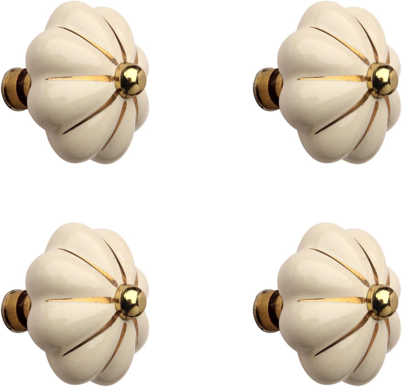 Fluted Ceramic Polished Brass Cabinet/Drawers Knob Cream/Gold (4).