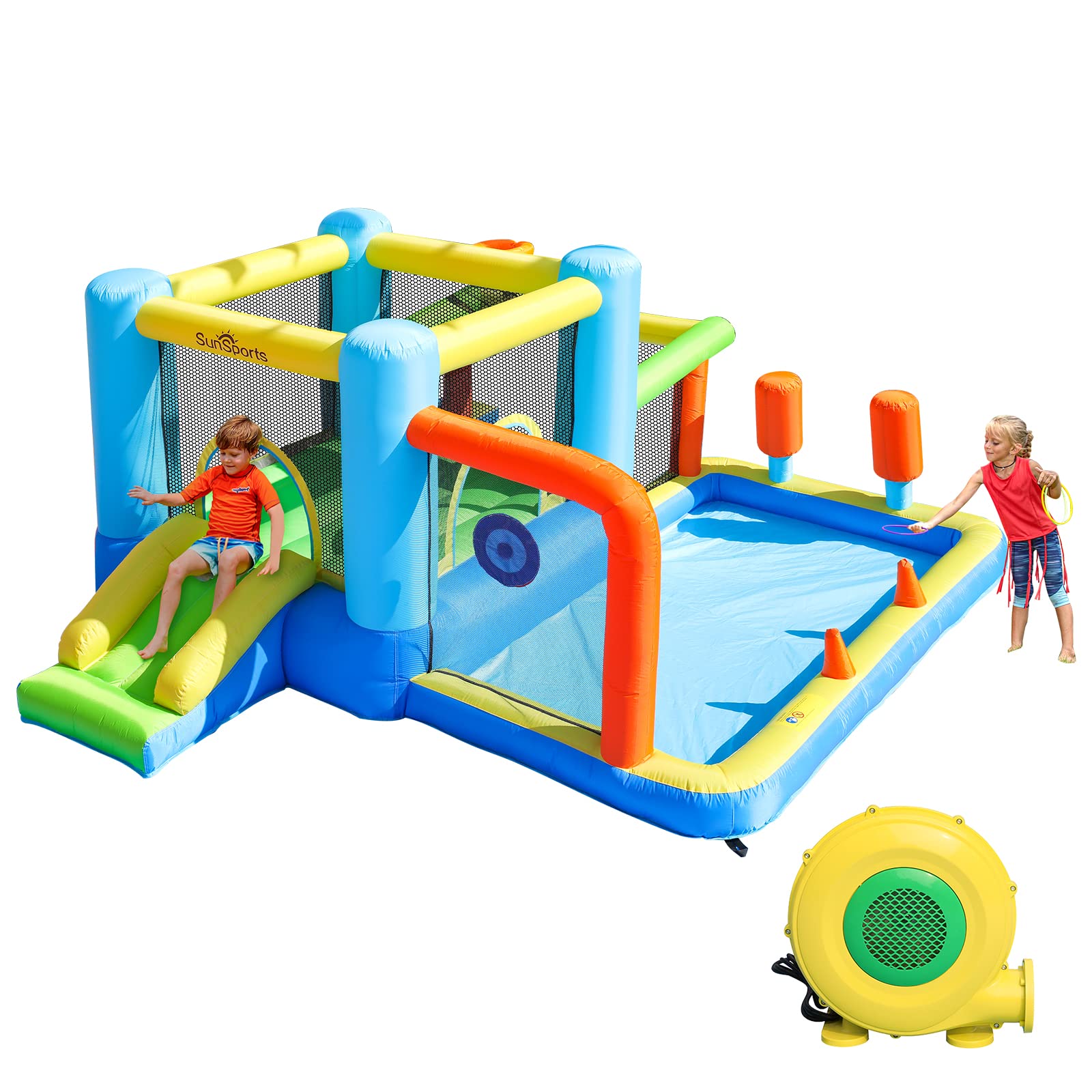 Inflatable Bounce House,8 in 1 Bouncy House for Kids Outdoor Party,Indoor Jumping Castle Toddler Obstacle Course with Wide Slide,Ball Pit,Ball Hoop, Jump House with Blower, Ages 3-8