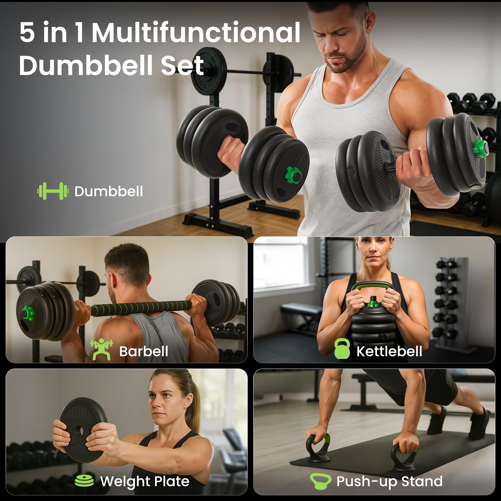 20kg Hantelset, 5 in 1 verstellbare Heimfitnessgeräte für Männer und Frauen, Langhantel, Kettlebell, Liegestützgriffe, Bauchmuskeltrainer, Freihanteln für Ganzkörpertraining