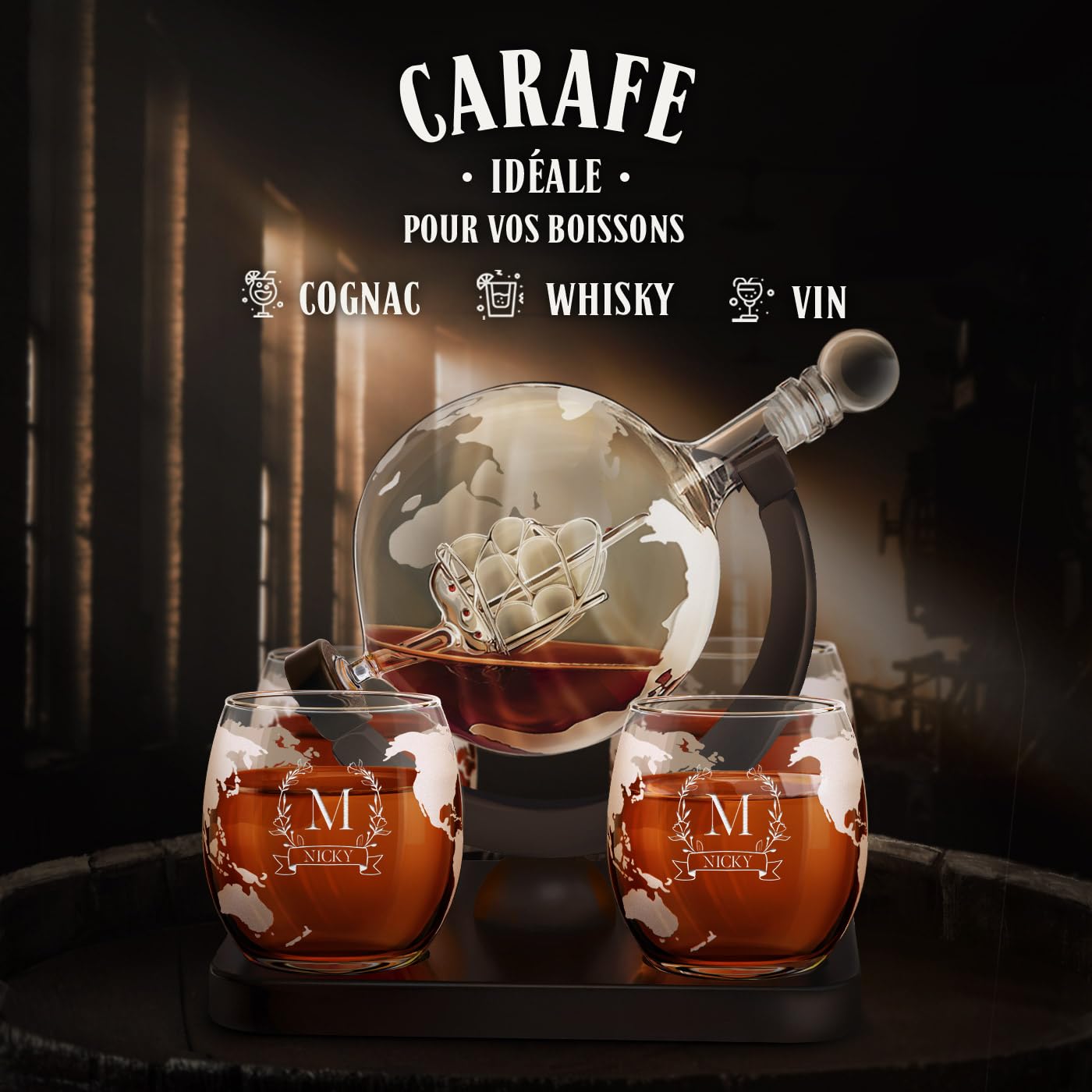 Maverton Ensemble de Carafe avec 4 Verres Gravés - Cadeau couples - 850 ml Carafe Globe - Motif