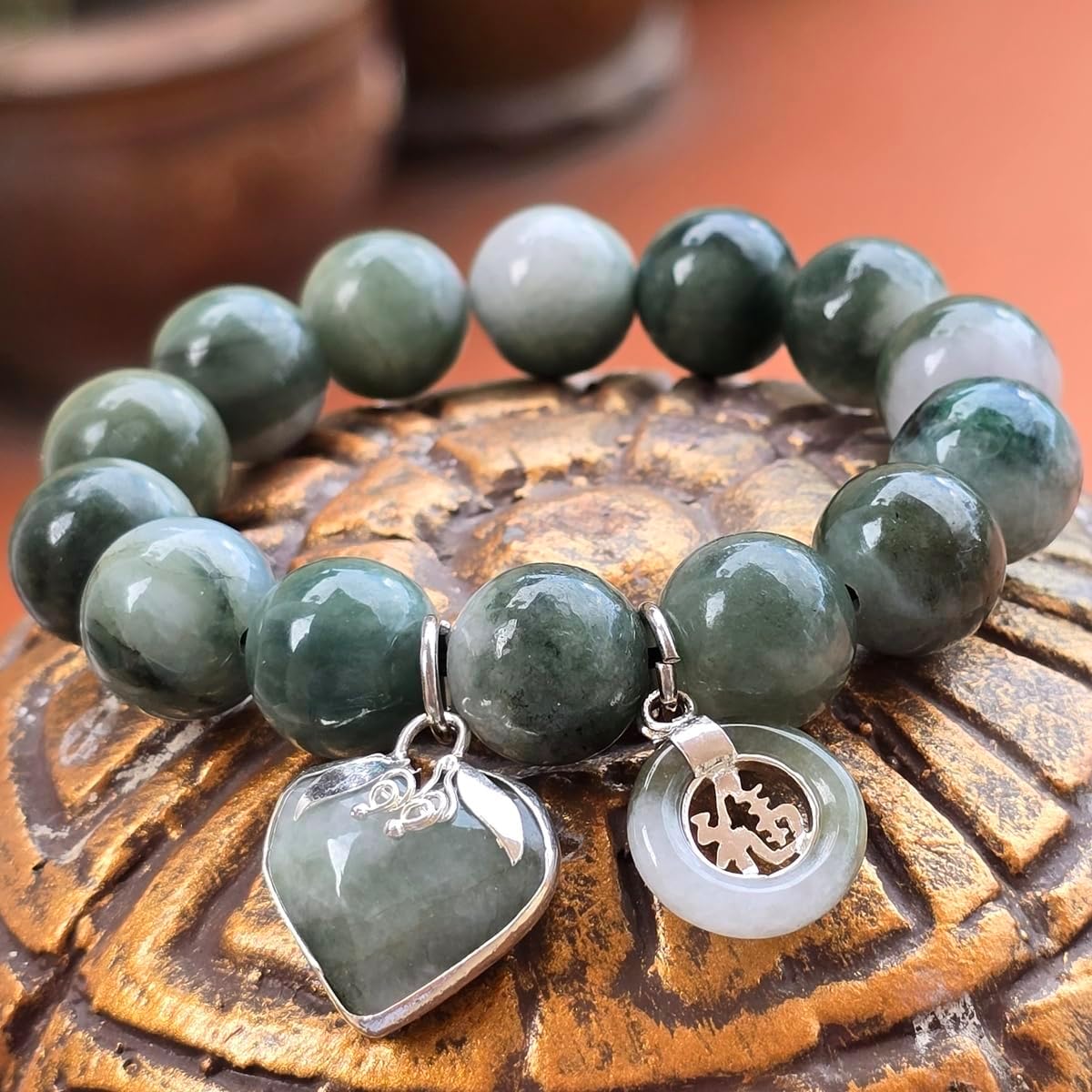 Premium Natural Green Jade Bracelet 13.7mm Beads – Handmade Elastic Rope 6.5” with Heart & Lucky Coin Charms – Healing Crystal for Wealth, Health, Love & Protection – Unisex Gift Pouch Ready - Image 7