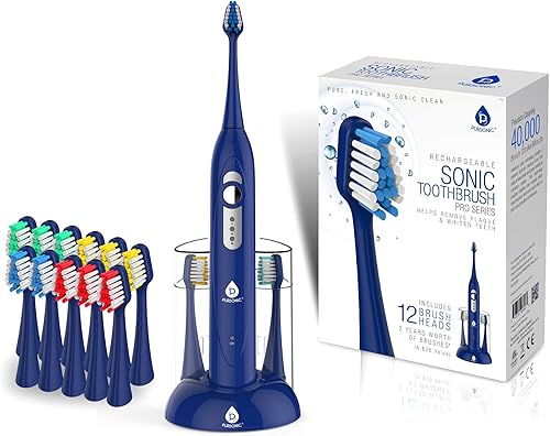 Pursonic S420 cepillo dental sónico recargable de alta potencia con 12 cabezas de cepillo y cargador de almacenamiento Azul