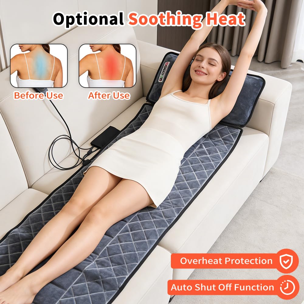 Beheizte Massagematte, Ganzkörper-Massagematratze mit Nackenmassagekissen, 10 Vibrationsmotoren, 9 Modi, 9 Intensitätsstufen, Timer, lindert Rückenschmerzen, Massage-Matratze, Geschenk für Frauen und
