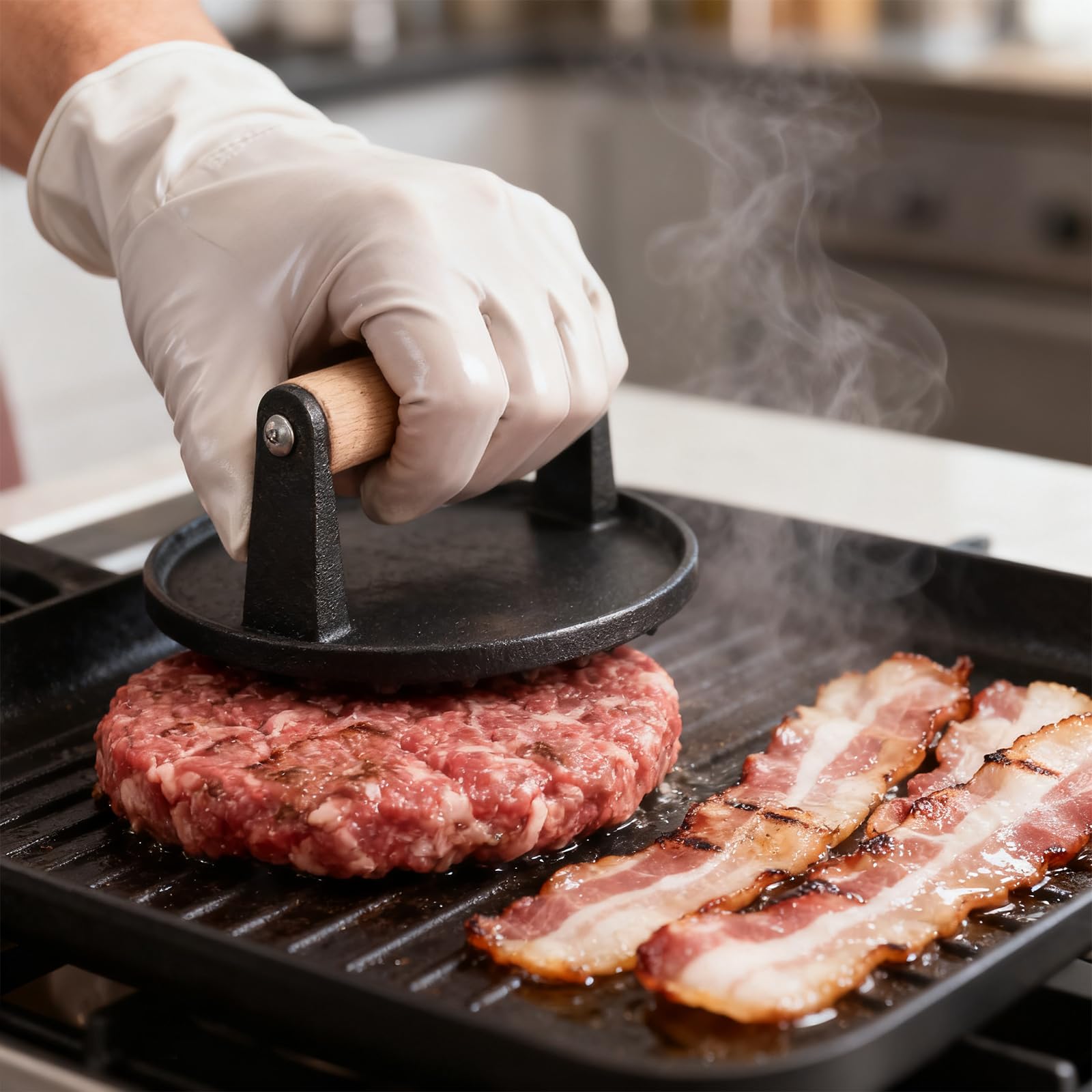FUNSUEI Set di 2 Presse per Hamburger in Ghisa, 17,5 cm, 1 kg, Antiaderente, Manico in Legno, Smash Burger Press per BBQ, Bistecche e Griglia