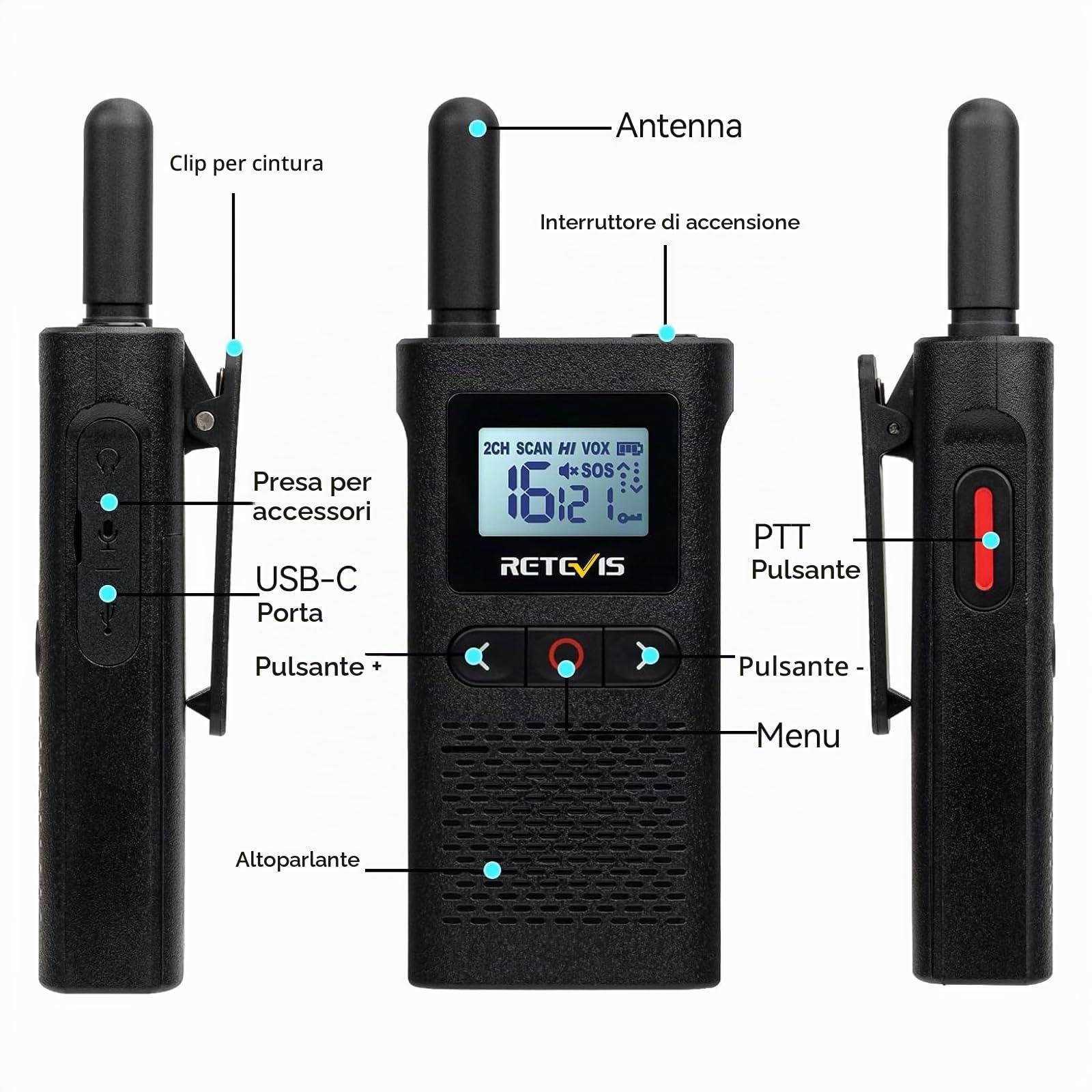 Retevis RB628 Walkie Talkie, PMR446 Mini Walkie-Talkie Professionali 1500mAh, Schermo LCD VOX, 1500mAh Ricetrasmittenti Ricaricabili con Auricolare per Scuola, Hotel, Ristoranti (10PZ, Nero)