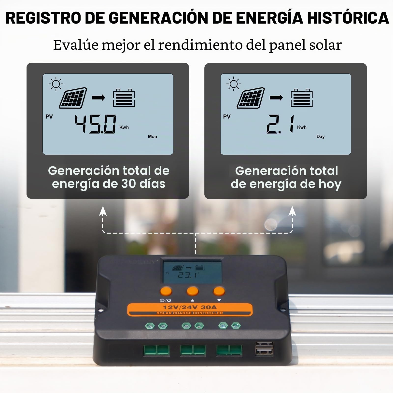 ECO-WORTHY Regulador de carga solar PWM 30A, 12V/24V, controlador con puerto USB dual 5V y pantalla LCD para baterías FLD, LFP