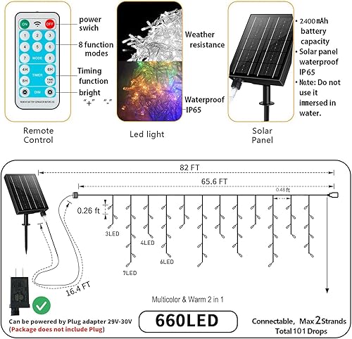 Miniatura 2 de Guirnalda de luces de carámbano de Navidad alimentadas por energía solar (multicolor y blanco 2 en 1, 75 pies 600 luces LED de carámbano)