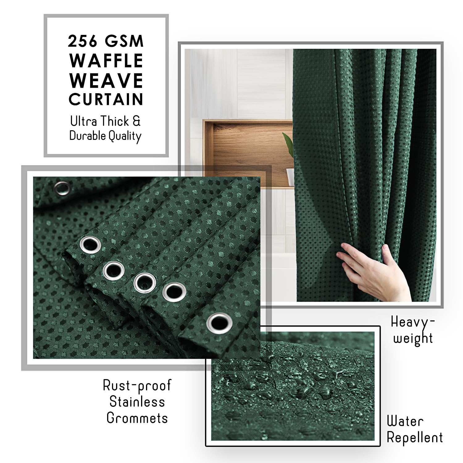 Clara Clark Hunter Green Shower Curtain, Hotel Quality Waffle Fabric Bath Curtain 72x72 - Image 4