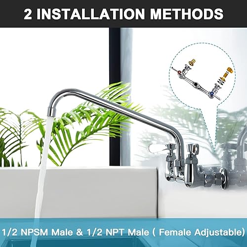 Miniatura 4 de Grifo de montaje en pared de cocina comercial de 8 pulgadas, grifos de fregadero central de pared de 8 pulgadas, 2 manijas montadas en la pared para