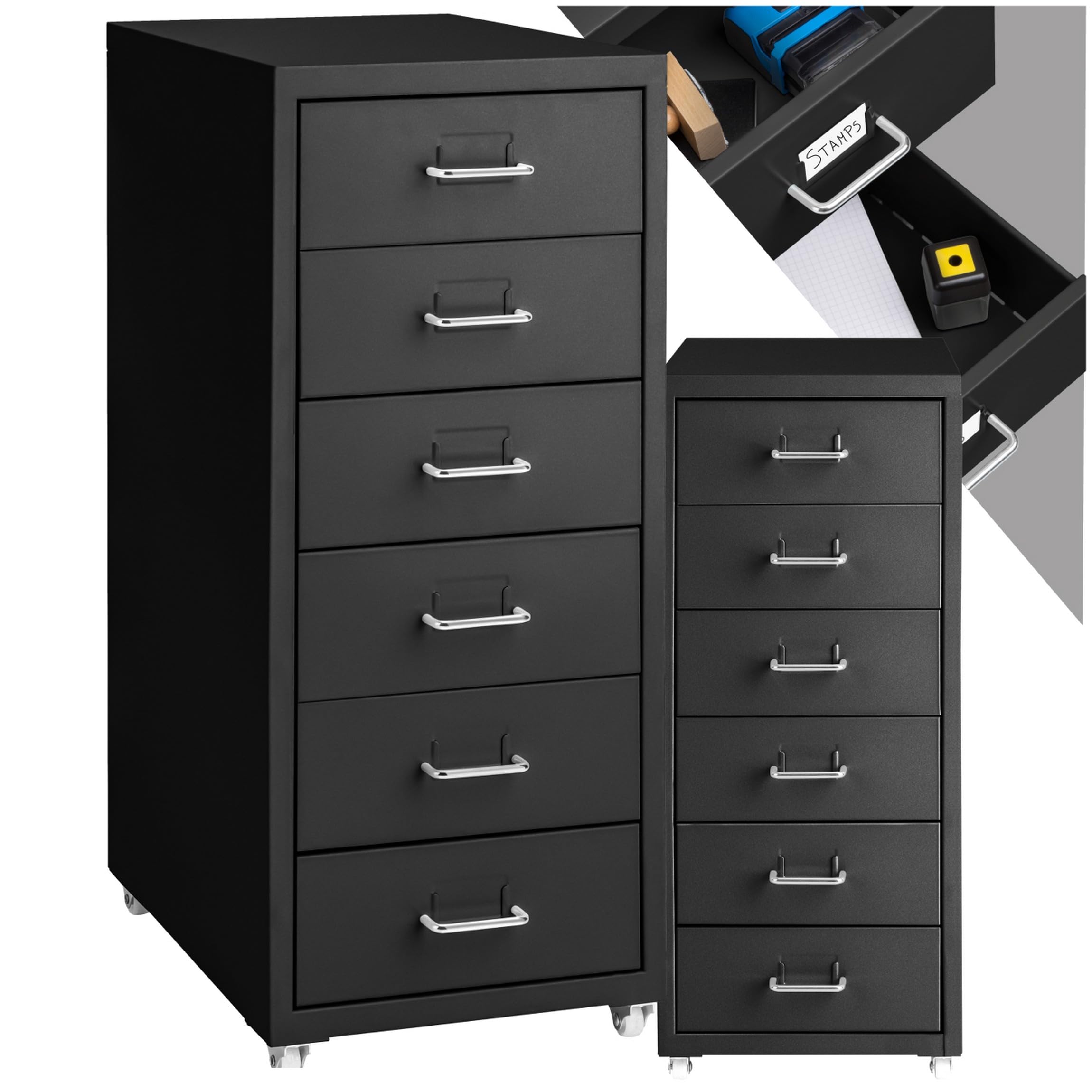 tectake® Cassettiera A Rotelle In Metallo, Schedario Uffici, Mobiletto Ufficio 6 Cassetti, Raccoglitore Documenti, Cassettiera Ufficio Porta Documenti in Acciaio 41 X 28 X 69 cm - Nero