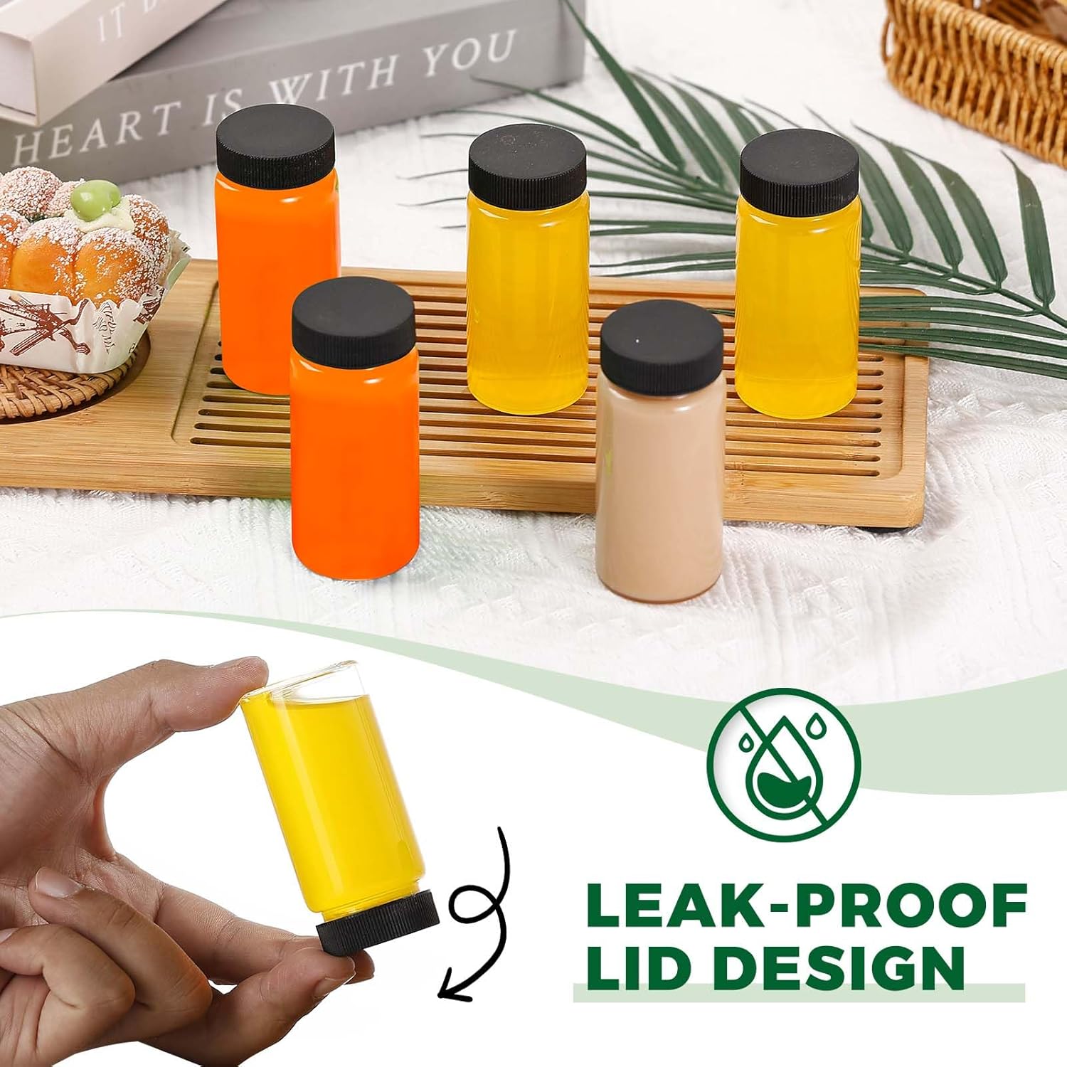 Jarsoph 2oz Clear Glass Bottle with Lids, 60ml Small Glass Jar, Leakproof Mini Travel Bottles, Decorative Bottles Set for Juice, Wellness, Spices, 8 Pack - Image 3