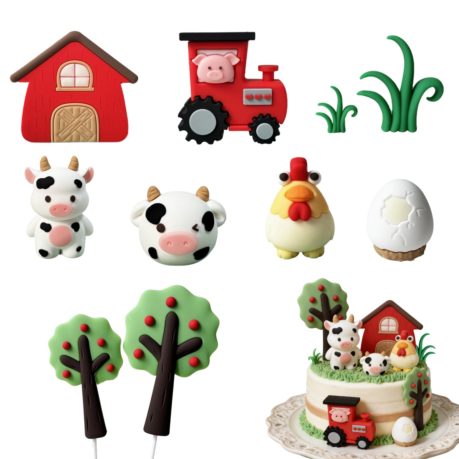 10-Piece Farm Animals Cake Decoration Set - 3D Animal & 2D Scene Cake Toppers for Baby Shower Birthday Party