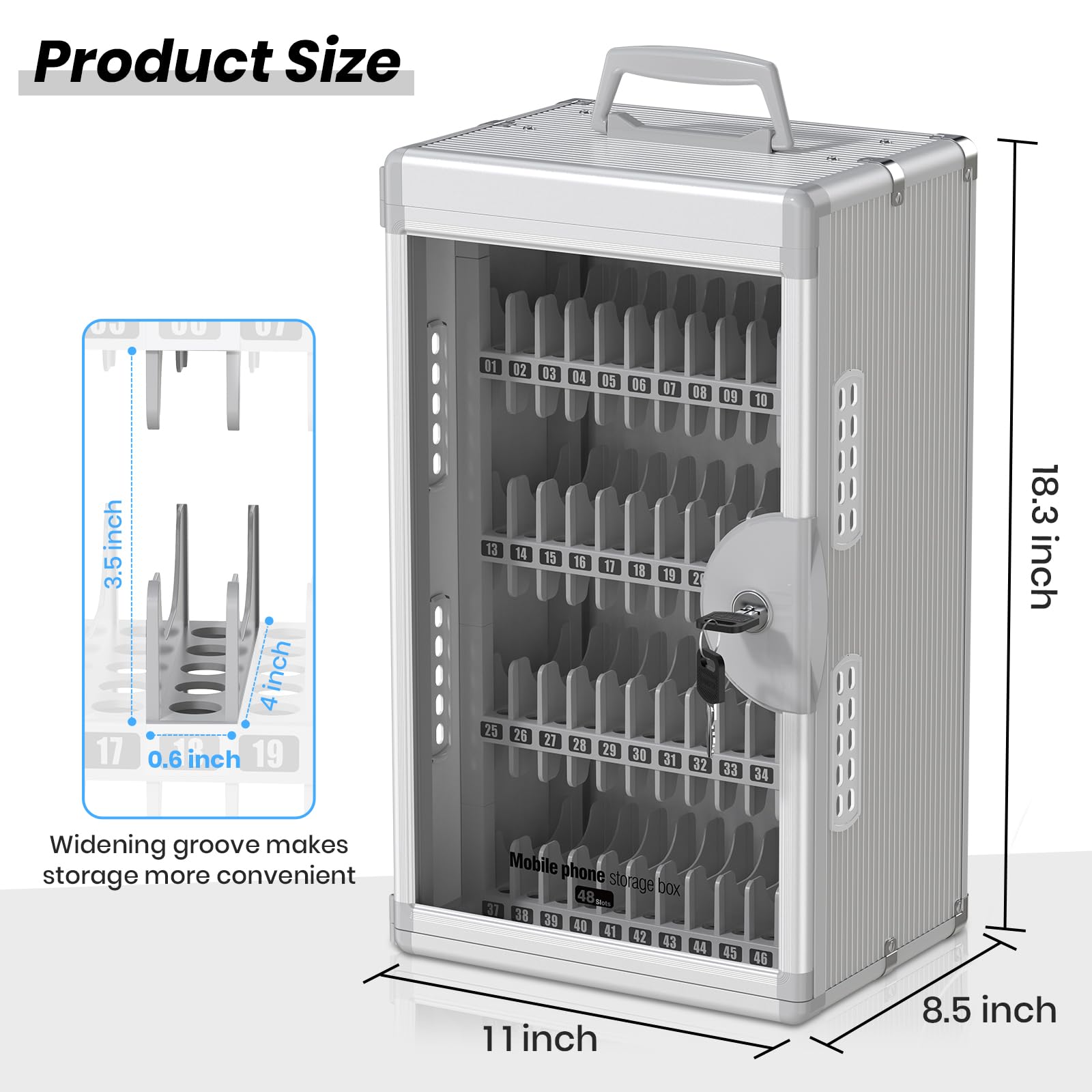 Glosen Casier pour Téléphones 48 Emplacements avec Serrure à Clé et Ports Recharge Type-C, Fixation Murale, Argenté