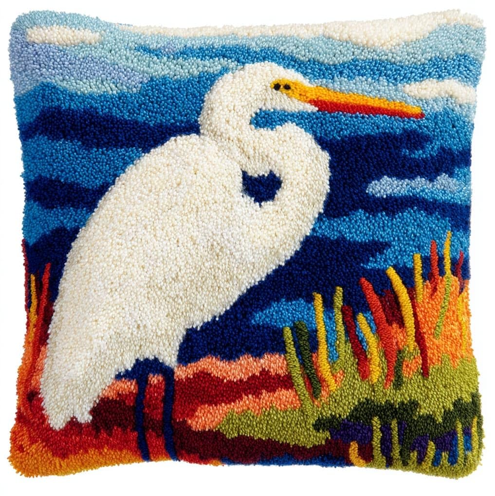 AxiangziK Latch Hook Kits for Adults,Animal egret Latch Hook Pillow Kits,17x17in Crochet Yarn Kit for Beginners,DIY Needlework Crafts Cover Case with Printed Canvas