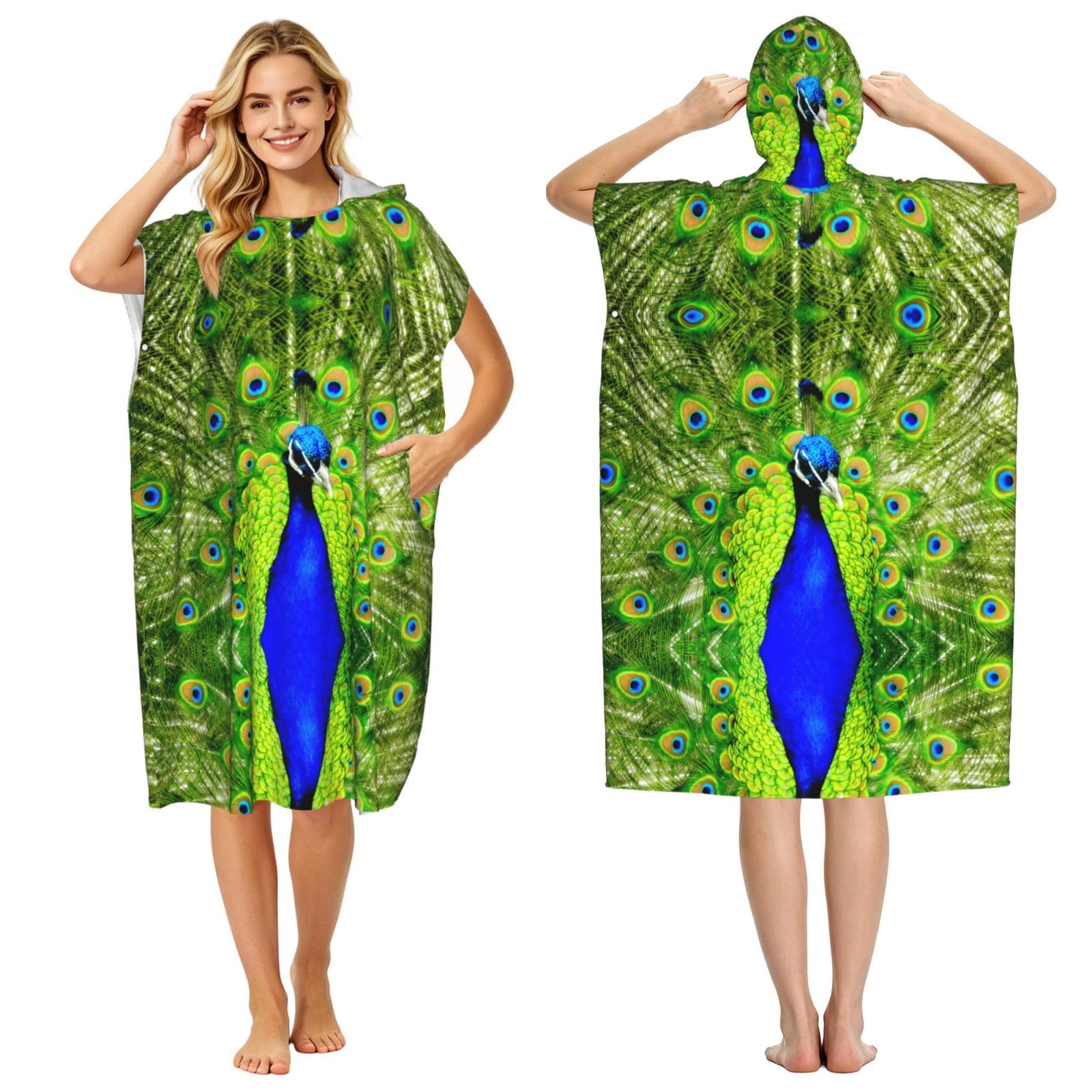 ESNAIUVCD Blue Peacock Print Changing Robe, Hooded Towel Poncho For Swimming Pool, Beach,Quick Dry & Light Weight Towelling Poncho For Adults Women Men