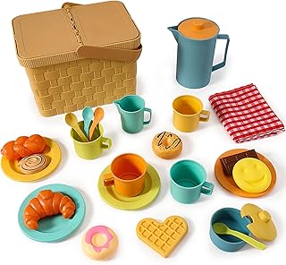HERSITY Picnic Basket Toys for Toddlers, Kids Play Tea Sets with Teapot Tea Cup Dessert Food and Mat, Pretend Play Kitchen Accessories Tea Party Set Little Girl Boy Age 3 4 5