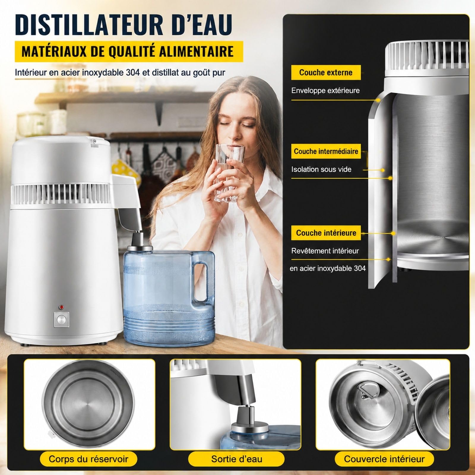 Distillateur d'eau 4 L avec cuve en acier inoxydable 304, puissance 750 W, débit de distillation 1,3 L/h et commande par interrupteur