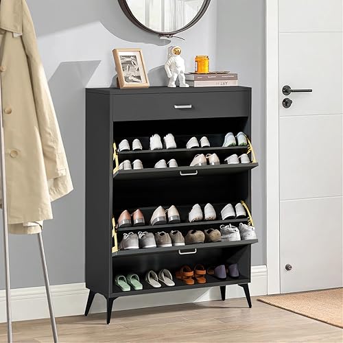 Miniatura 1 de Zapatero delgado con puertas, zapatero de madera con 2 cajones abatibles, moderno armario de almacenamiento de zapatos para entrada, pasillo, sala