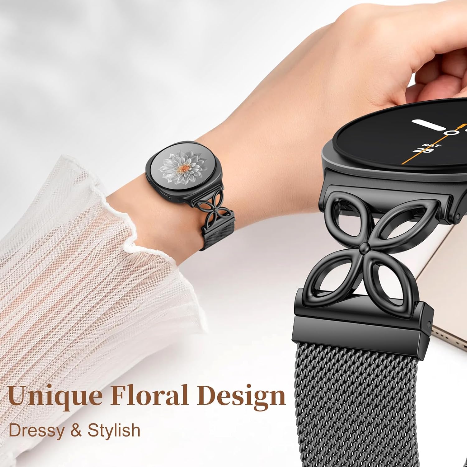 Getino Magnetic Metal Band Compatible with Galaxy Watch 8 / Watch 8 Classic Band, Milanese Floral Dressy Strap for Samsung Watch Bands Women 40mm 44mm 46mm - Black - Image 3