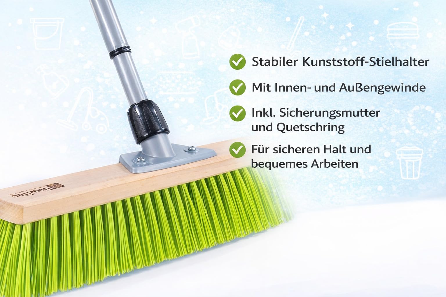 Profi Gartenbesen Besen 40cm mit Teleskopstiel Stiel neon-grüne Borsten | Formstabile und Robuste Elaston-Borsten, Neon-Grün, Straßenbesen für Garten, Haus und Hof