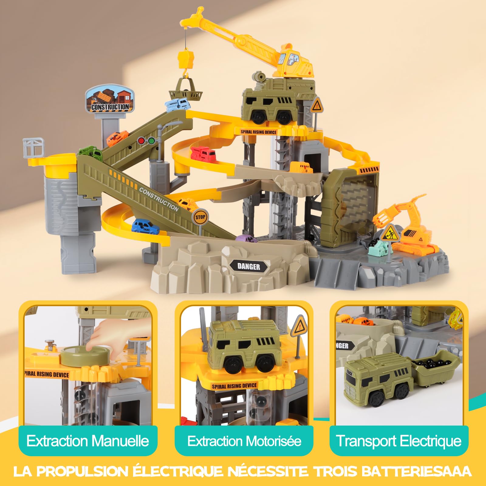 Charmofun Piste de Course Enfants, Jeux de Construction avec 10 Voitures Grue Camion de Transport, Engins de Chantier Jouet avec Piste de Voiture, Circuit Voiture Jouet Cadeau pour Garçon
