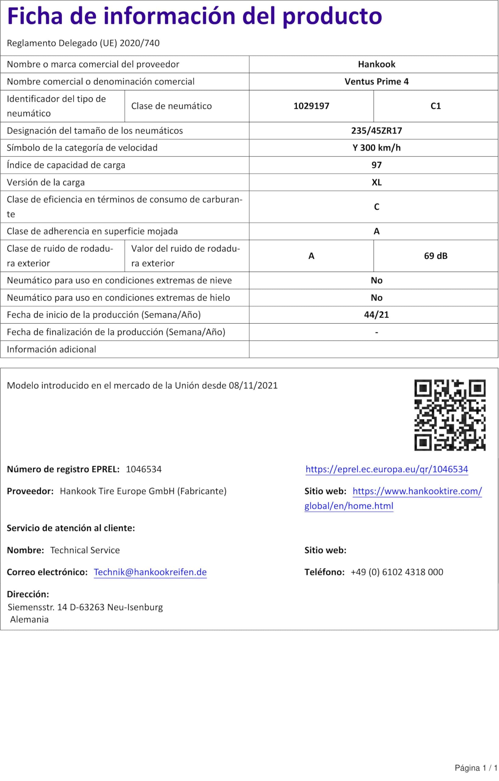 Neumáticos Hankook Ventus Prime 4 K135 - 235/45R17 97Y | Verano, Alto Rendimiento