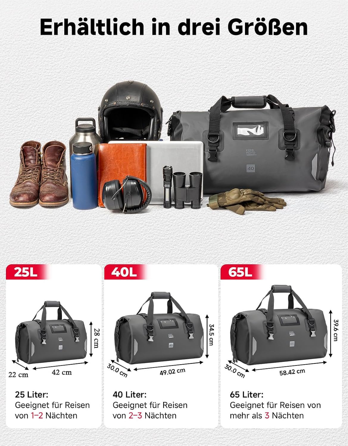 KEMIMOTO Bolsa Trasera para Motocicleta de 40 L, IPX6, Impermeable, con Correas de Cierre rápido, Gran Capacidad y múltiples Compartimentos, Ideal para excursiones, Camping, Motociclismo, Deportes