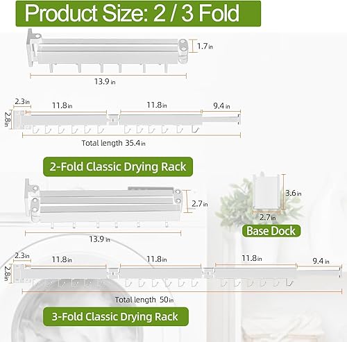 Miniatura 4 de Tendedero de ropa, estante de secado de lavandería montado en la pared, [sin taladrar y con taladrar para elegir] Tendederos de lavandería de 3