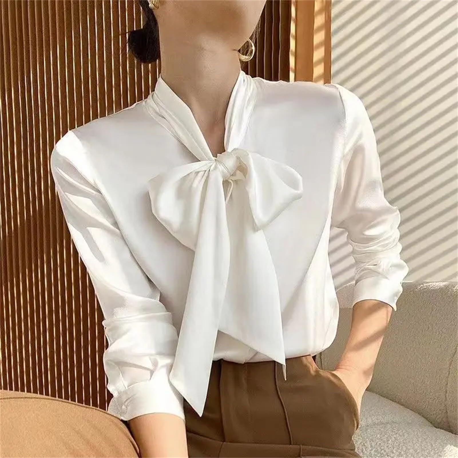 Vogrtcc Camisa de seda de satén de gran tamaño para mujer, blusa de manga larga para oficina