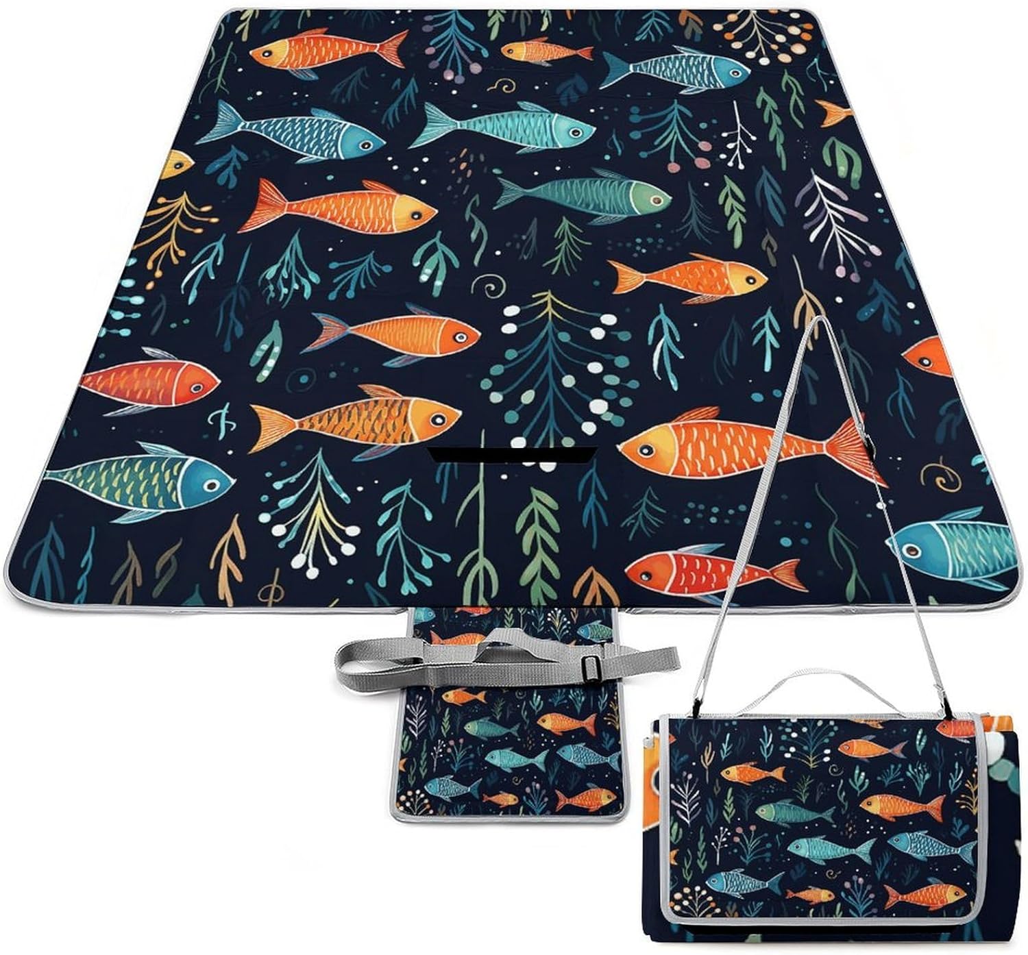 Small Fish Pattern Outdoor Mat Foldable ，Beach Blanket Waterproof Surface，Easy to Clean Travel Blanket， for Spring and Summer Grassland Camping