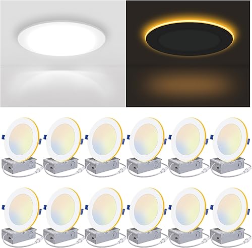 Paquete de 12 luces LED empotrables de techo 5CCT de 6 pulgadas con luz nocturna, 2700 K3000 K3500 K4000 K5000 K seleccionables, iluminación