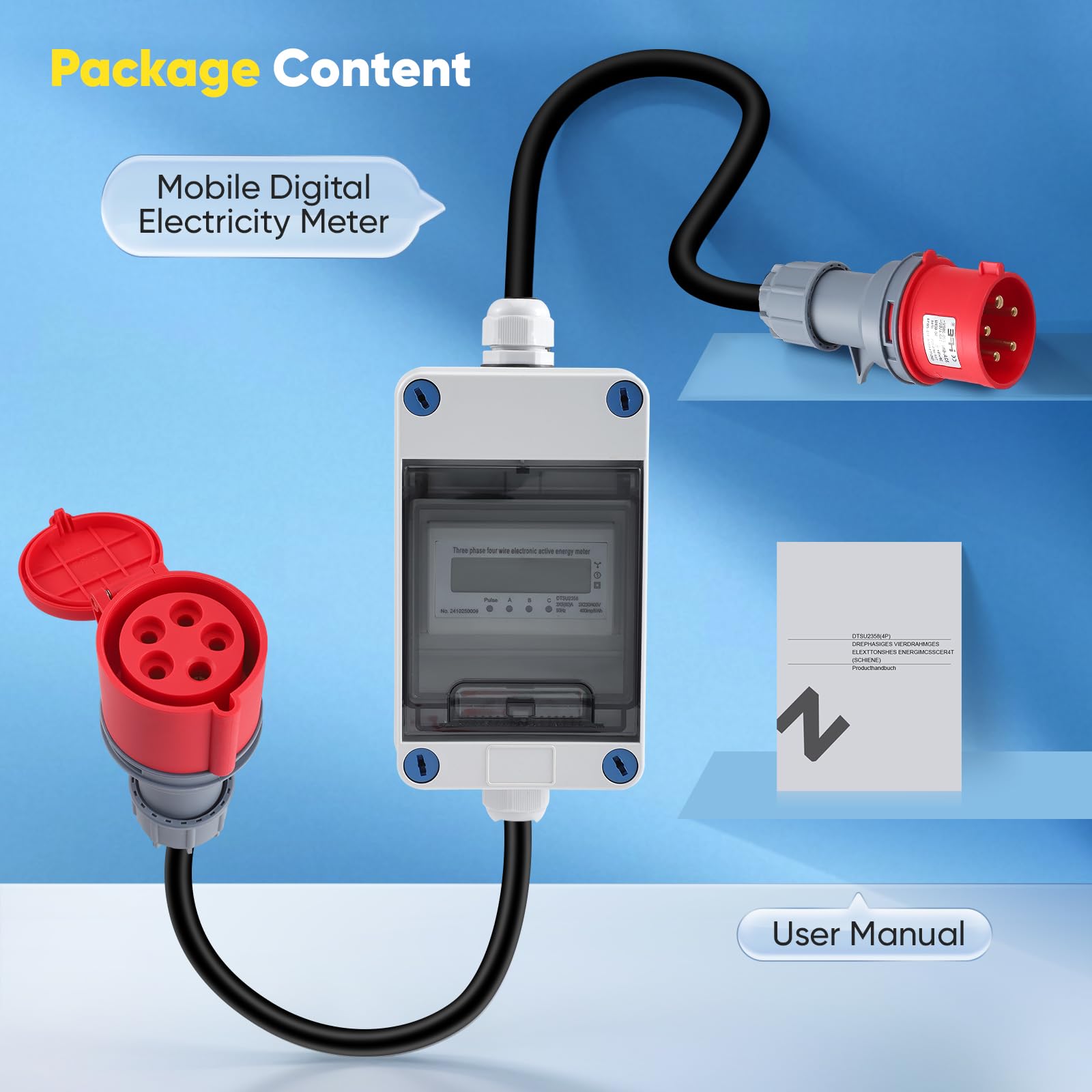 Medidor de electricidad digital móvil 16 A, 400 V, trifásico, con enchufe para tomacorriente
